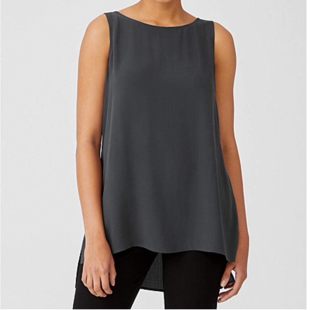 Eileen Fisher Silk Georgette Crepe Long Shell - gorgeous color ASH